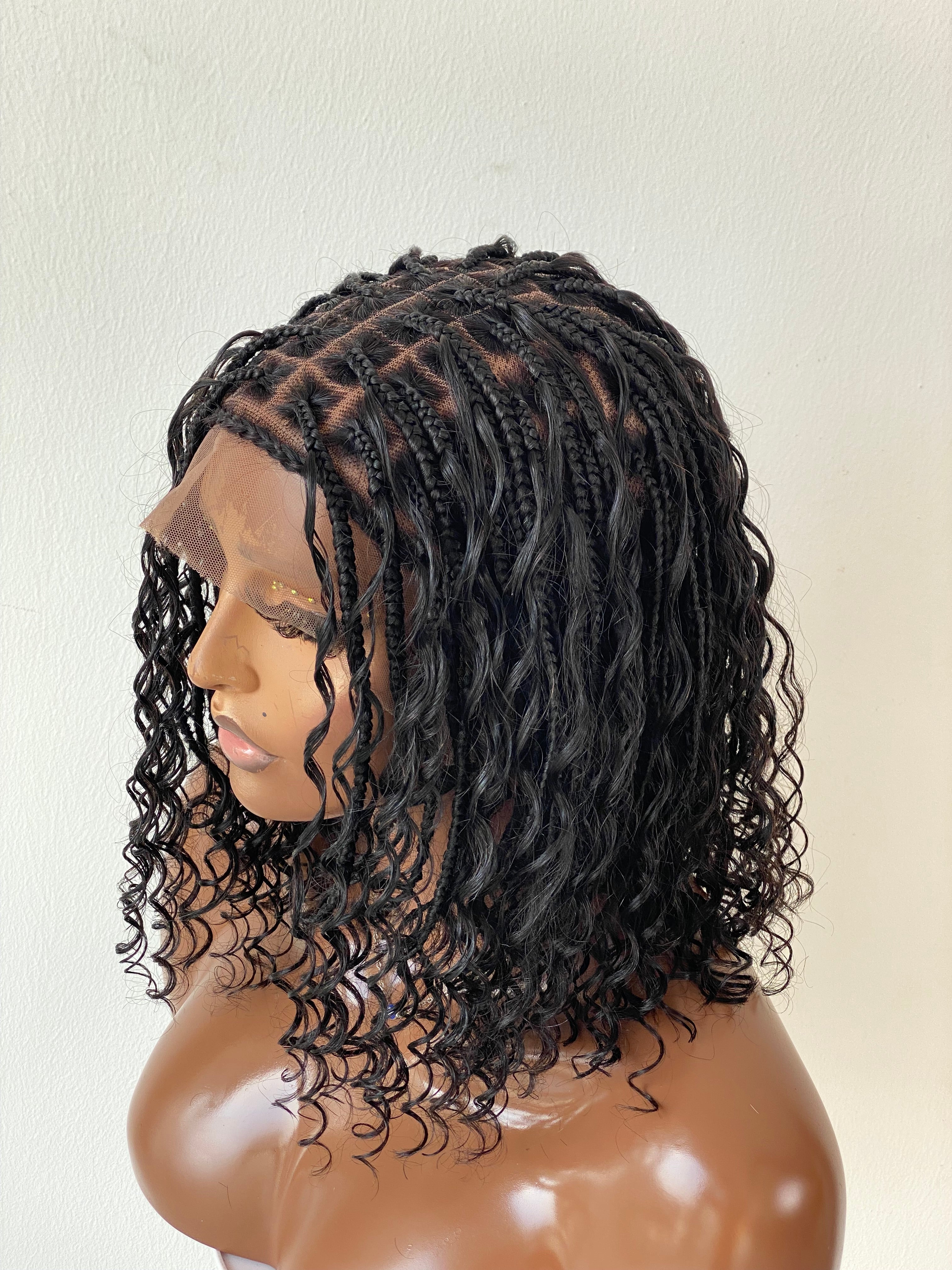 Short Bohemian Knotless Bob Wig (100% HD Human Hair Lace & Curls) Black Color TARA