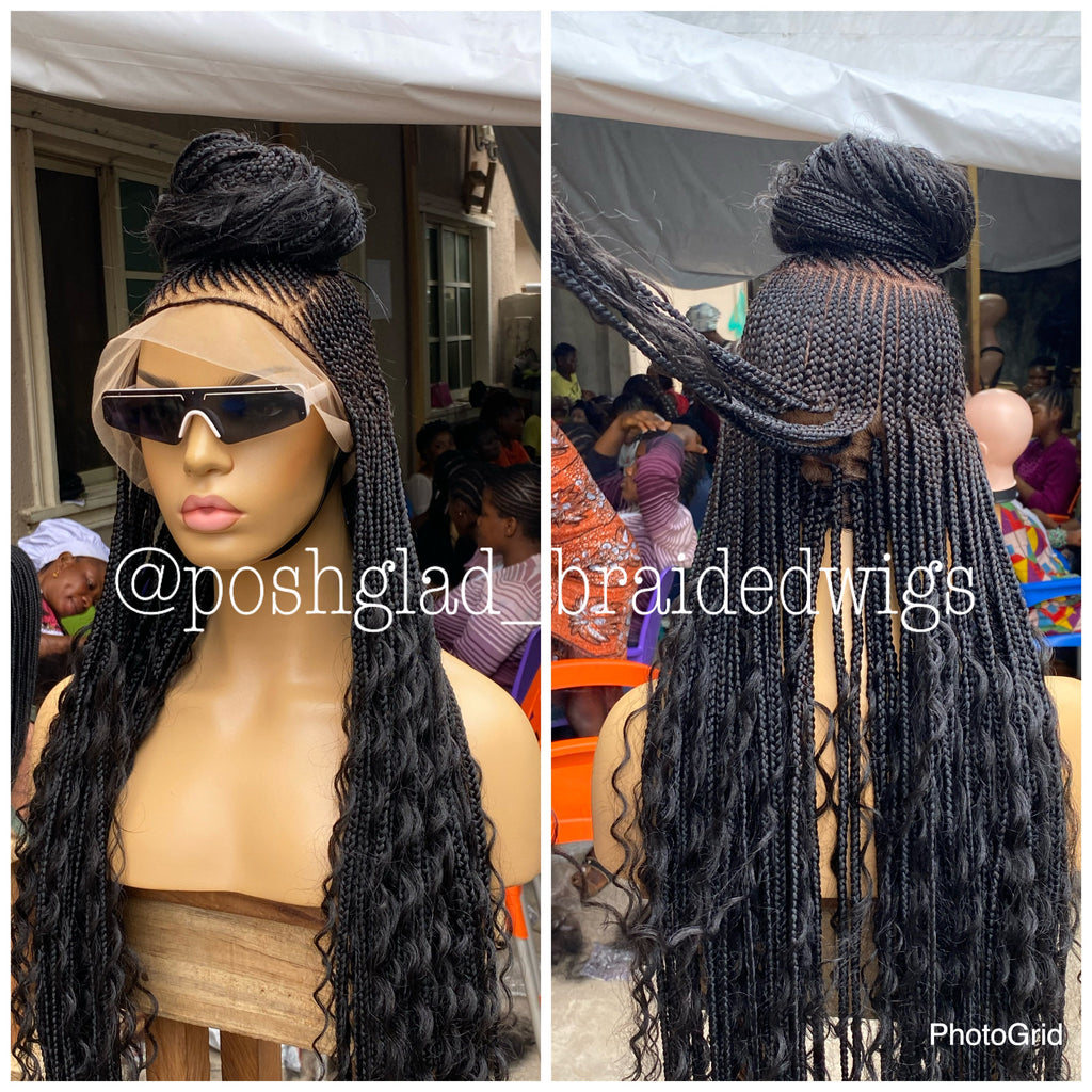 Bohemian Cornrow Braided Wig, Full Lace, Color 1B, Waist Length - Greta
