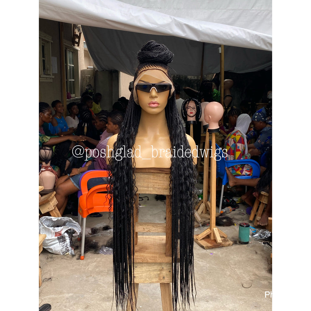 Bohemian Cornrow Braided Wig, Full Lace, Color 1B, Waist Length - Greta