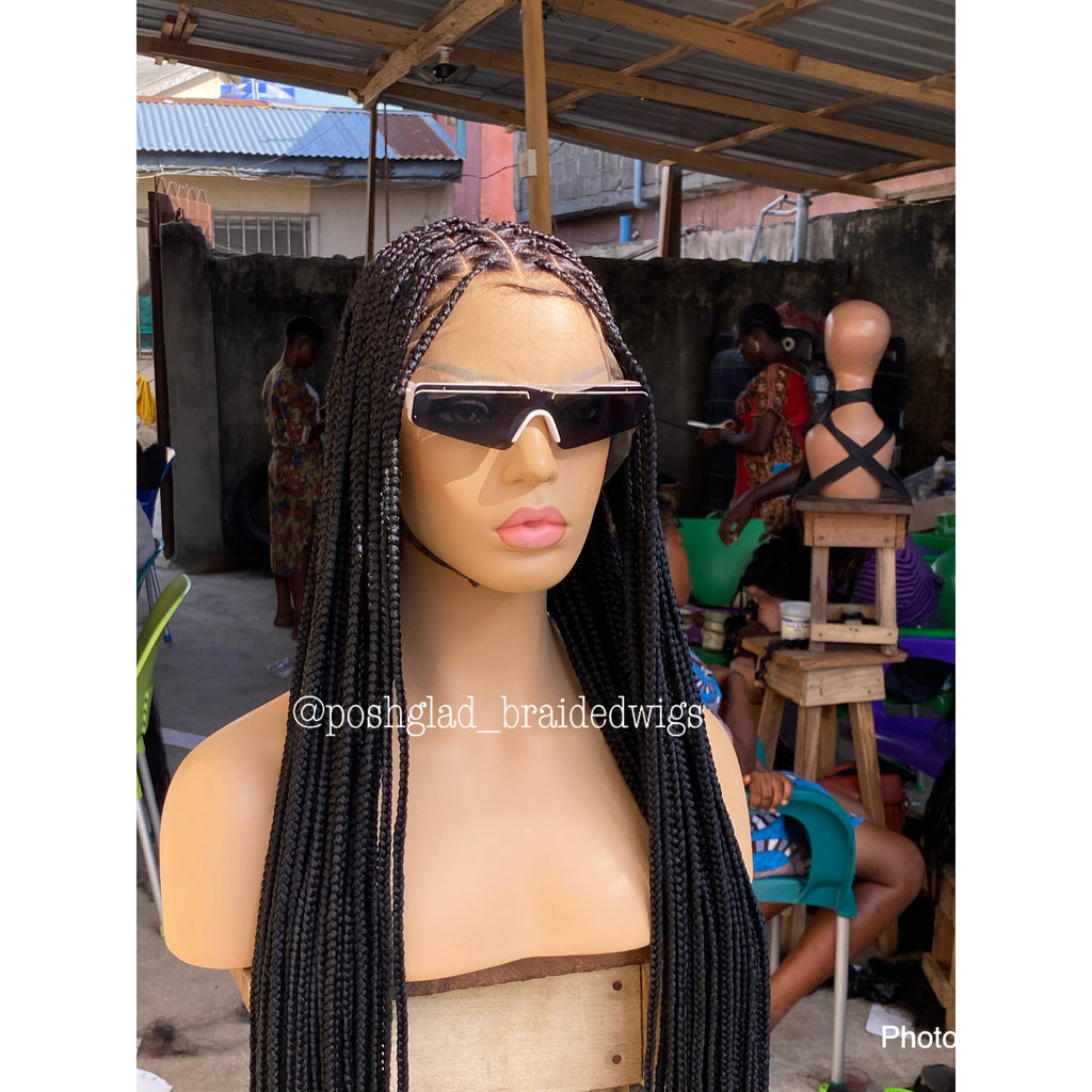 Goddess Knotless Braid Wig, HD Full Lace, Color 1B, Tailbone Length - Daya