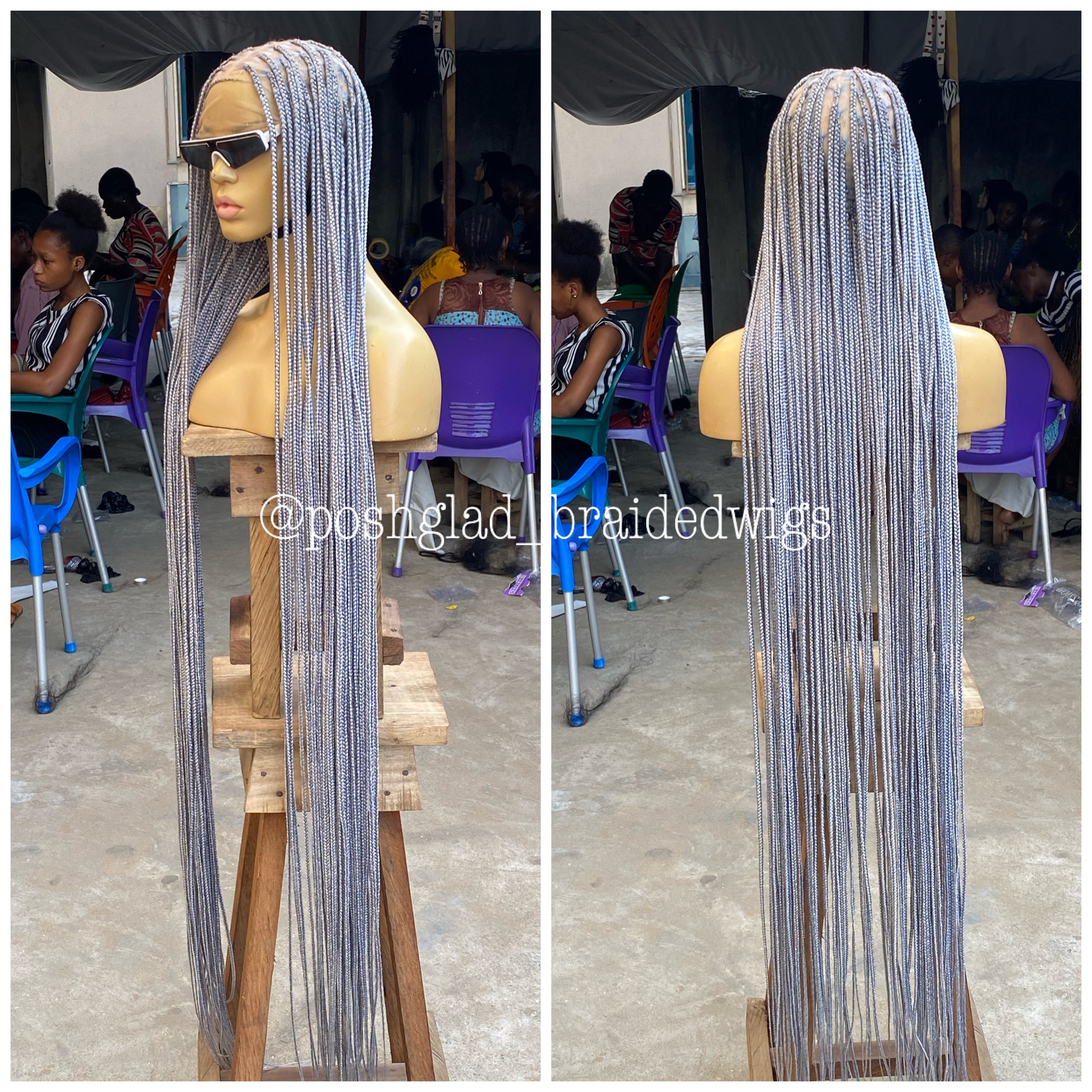 Knotless Braided Wig, Swiss Full Lace, Gray Color, Waist Length, Standard Density - Shawna